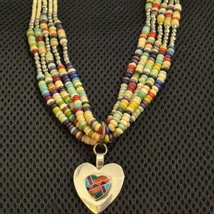 Vintage Zuni Vidal Chavez Sterling Silver Turquoise Inlay Heart Pendant Necklace